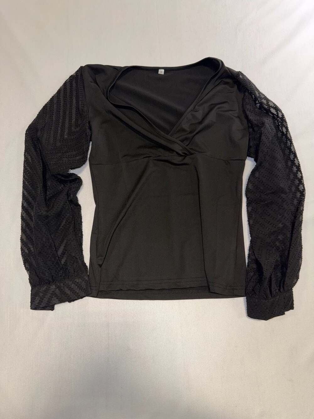 SHEIN LUNE Black Contrast Mesh Lantern Sleeve Surplice Neck Top